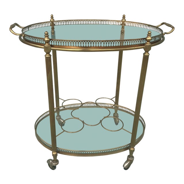 Mid Century Brass Oval Serving Cart With Removable Gallery Tray Top and Bottle Rack For Sale