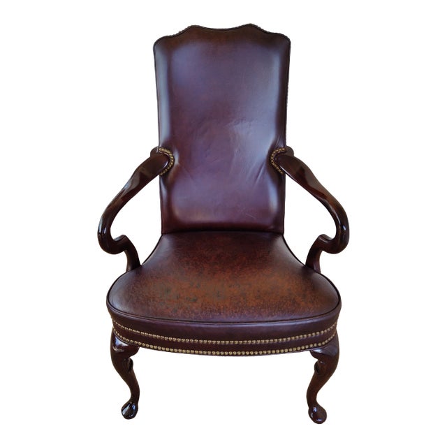 Burgundy Naugahyde Queen Anne Open Armchair - Late 20th Century For Sale