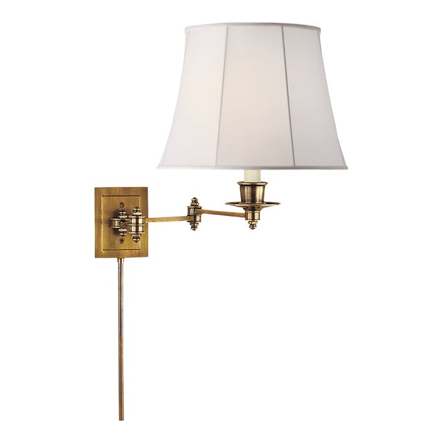 Visual Comfort Signature Triple Swing Arm Wall Lamp in Hand-Rubbed Antique Brass with Linen Shade For Sale