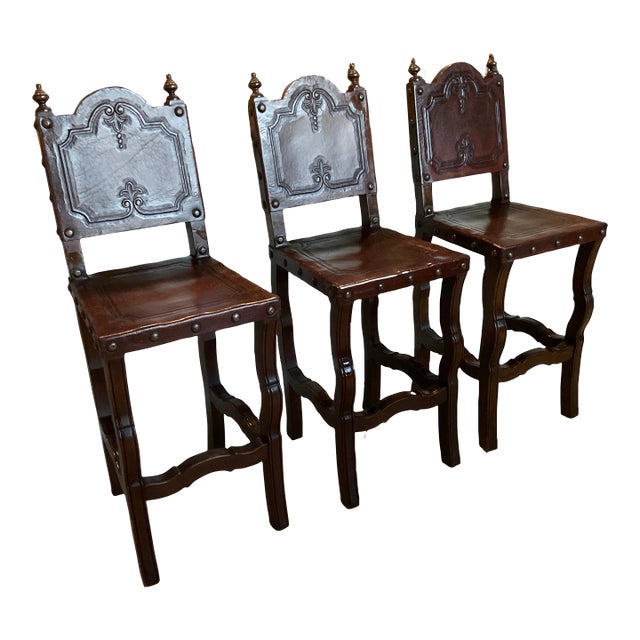 1970s Vintage Spanish Colonial Bar Stools Hand Tooled Leather Seats and ...