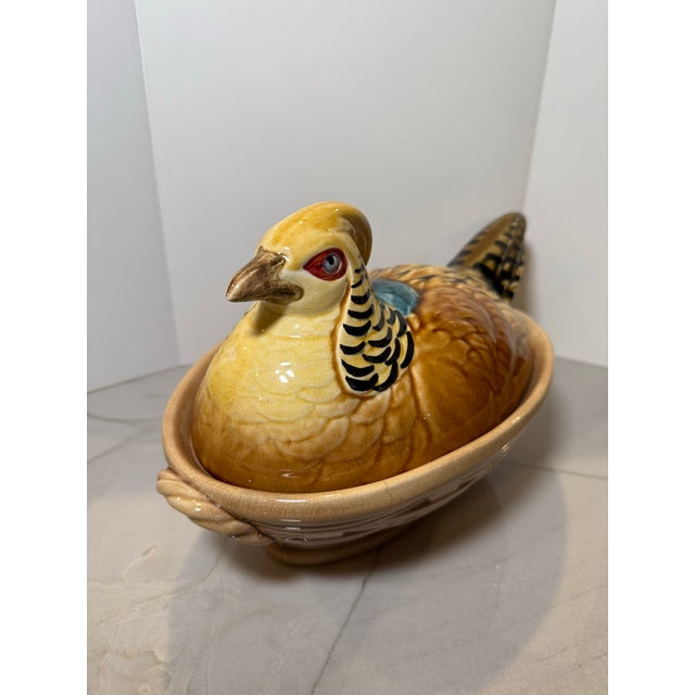 De Sarreguemines Early 20th Century French Sarreguemines Majolica Pheasant Tureen, "Peasant Village" Mark For Sale - Image 4 of 7
