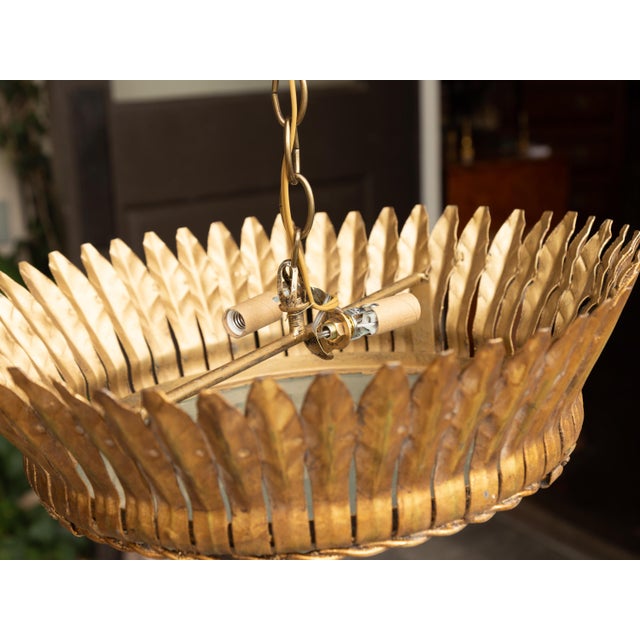 Mid-Century Modern Vintage Spanish Gilt Metal Crown Chandelier with Frosted Glass and Leaf Motifs For Sale - Image 3 of 12