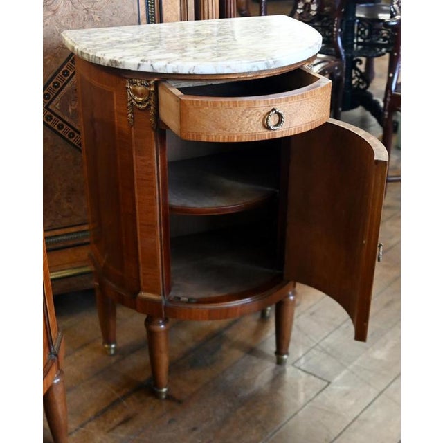 2000 - 2009 Louis XVI Marble Top Half-Moon Console Cabinets, Set of 2 For Sale - Image 5 of 6