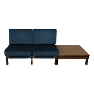 Teak and Velvet Sofa For Sale