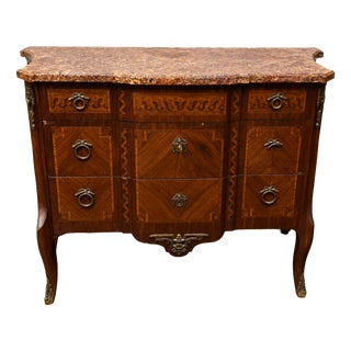 Louis XV-Louis XVI Transition Style Inlaid Bombé Commode with Marble Top For Sale