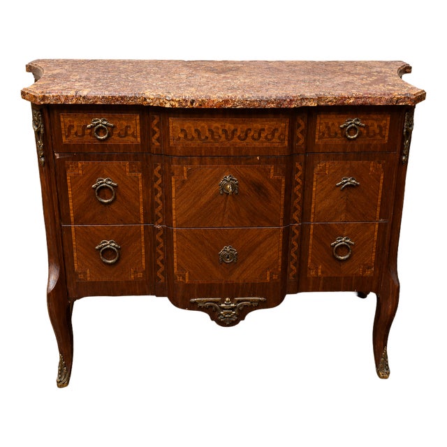 Louis XV-Louis XVI Transition Style Inlaid Bombé Commode with Marble Top For Sale