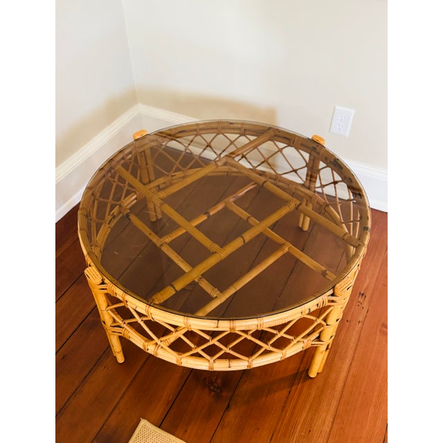 Vintage Round Bamboo and Rattan Coffee Table With Glass Top For Sale - Image 12 of 12