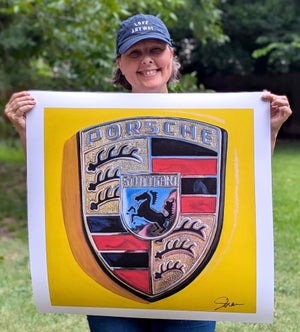 Porsche Emblem (Speed Yellow) by Shan Fannin | Paper Illustration of Porsche logo on yellow background