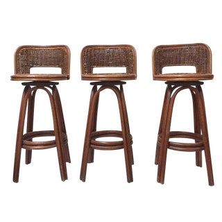 Vintage Rattan & Bamboo Swivel Bar Stools - Set of 3 For Sale