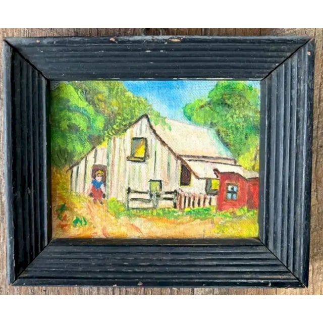 Folk Art, Americana Small Oil Paintings - Original Wood Frames For Sale - Image 4 of 6