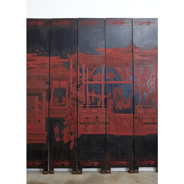 Black Chinese Export Twelve Panel Coromandel Style Screen For Sale - Image 8 of 13