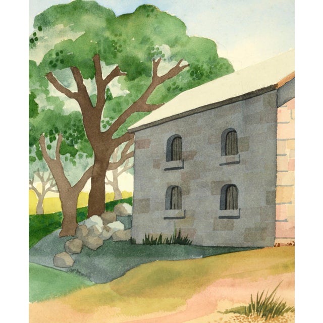 1970s "Stone Barn on the Hilltop" Landscape Watercolor Painting by Gretchen Guard, Framed For Sale - Image 4 of 9