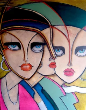 "Sisters Going Out" Mixed Media Figurative Painting by Samanatha Millington
