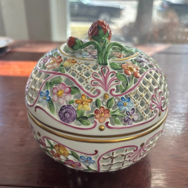 Herend Reticulated Hand Painted Porcelain Potpourri Dish that is lovely lattice with a strawberry finial on top. The...