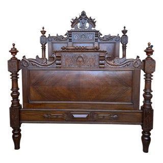 Early 20th Century French Louis XVI Style Walnut Carved Bed Frame, Baroque, Full/ Queen Size For Sale