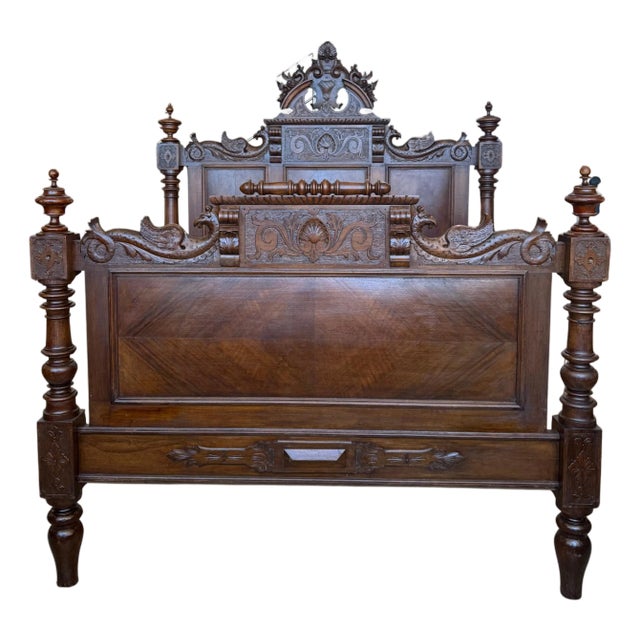 Early 20th Century French Louis XVI Style Walnut Carved Bed Frame, Baroque, Full/ Queen Size For Sale