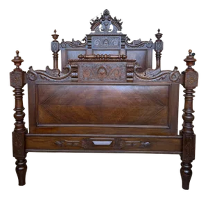 Early 20th Century French Louis XVI Style Walnut Carved Bed Frame, Baroque, Full/ Queen Size