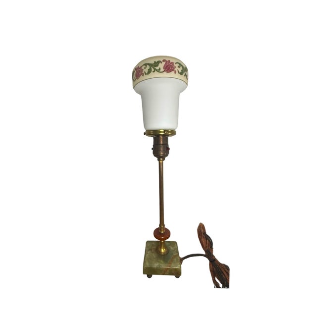 Onyx Early 20th Century Art Deco Green Onyx Brass Table Lamp Floral Glass Shade Bakelite Accent Untested For Sale - Image 8 of 11