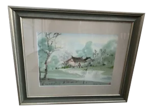 Early 20th Century Landscape of House on the River Watercolor Painting by Deng Shao Yi, Framed