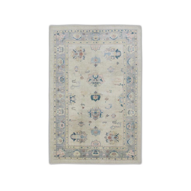 Textile Early 21st Century Cream Handwoven Wool Turkish Oushak Rug in Pink & Blue Floral Design 6'1" X 9'1" For Sale - Image 7 of 7