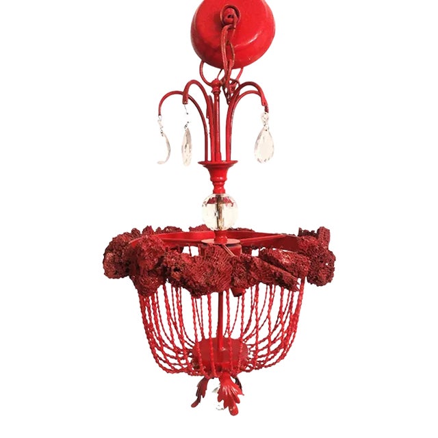 Custom Designer Made One of a Kind Currey & Co Style Real Red Coral Reef Crystal Coastal 4 Light Beaded Chandelier For Sale