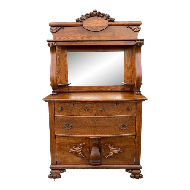 Antique Carved Oak Sideboard With Mirror Backsplash For Sale