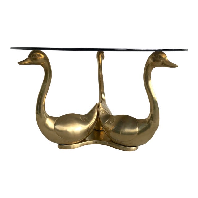 Hollywood Regency Brass Swan Coffee Table With Round Smoke Glass Top