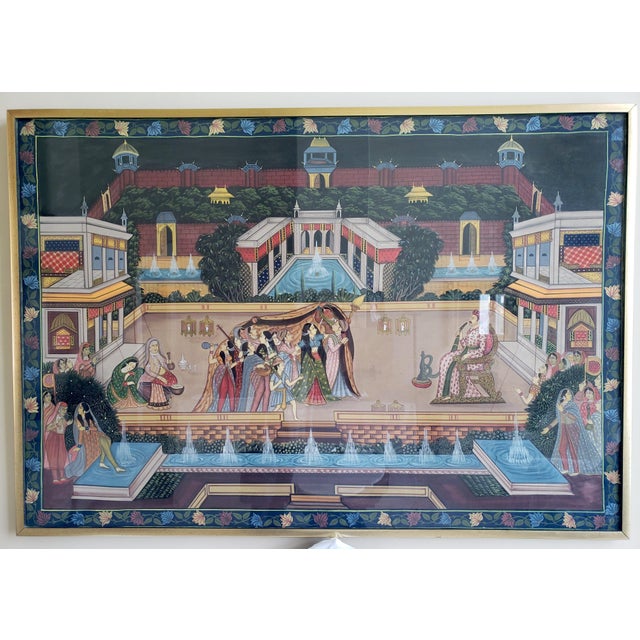 1940s Mid-Century (WWII Era) Custom Hand-Painted Silk Depicting Royal Rajasthan Palace Celebration For Sale - Image 9 of 9