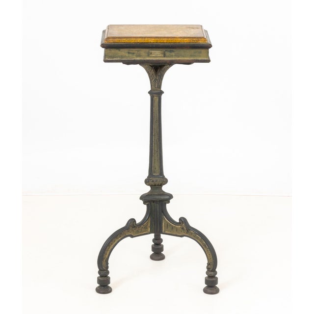 French Marble Top and Cast Iron Telephone Table, the marble top above wood box mounted on cast iron tripod base, with...