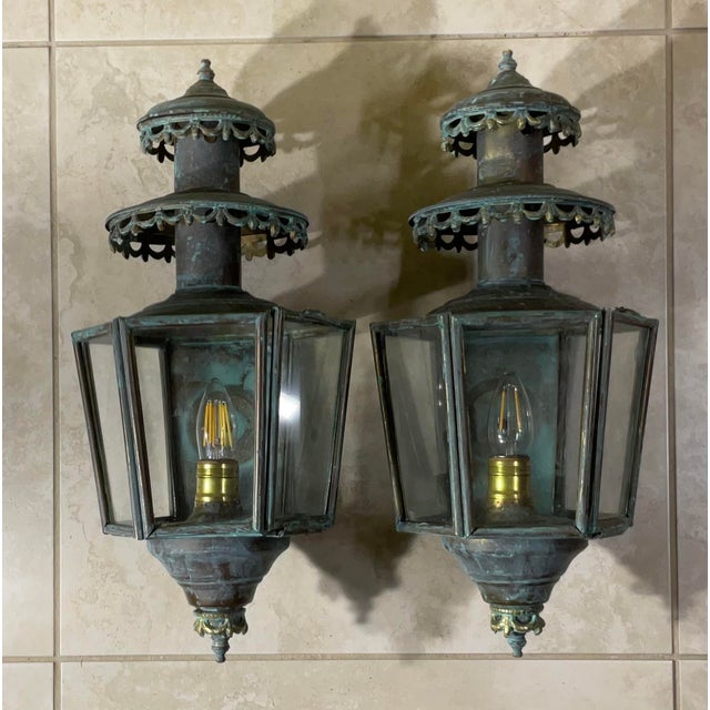 Metal Antique/Vintage Pair of Solid Brass Patina Exterior Wall Lanterns / Sconces For Sale - Image 7 of 18