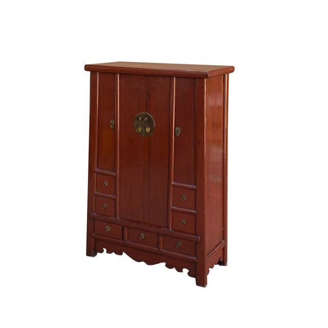 Chinese Chinese Vintage Distressed Brick Red Color Narrow a Shape Cabinet For Sale - Image 3 of 6