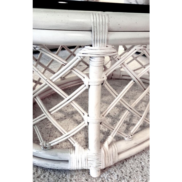 Mid-Century Modern 80s Boho Off-White Lattice Rattan Glass Top Oval McGuire Style Coffee Table For Sale - Image 3 of 11