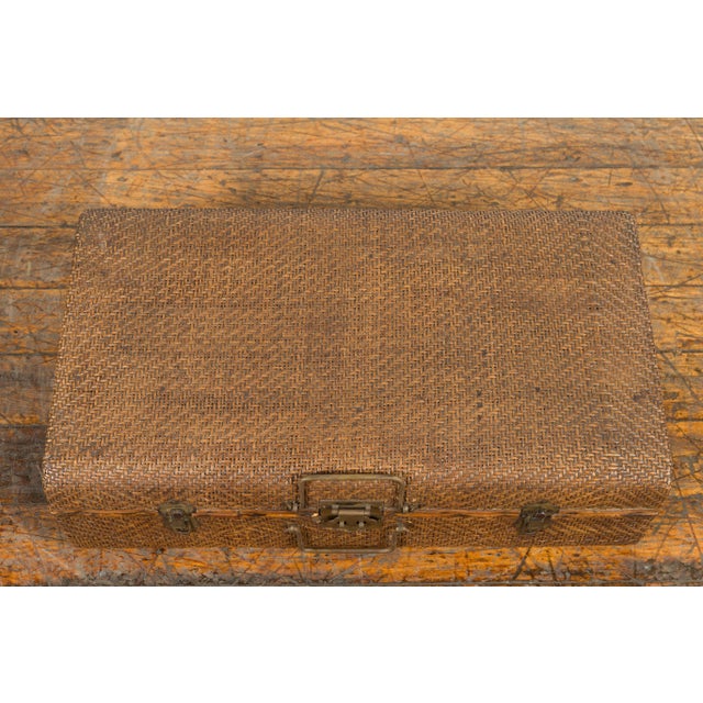 Indian Vintage Bamboo and Woven Rattan Suitcase with Brass Hardware For Sale - Image 12 of 13