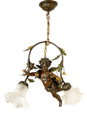 Baroque Bronze Blindfolded Cupido Chandelier Pendant Lamp, 1940s