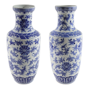 Pair of Early 20th Century Asian Blue and White Porcelain Vases With Floral Design and Markings