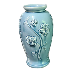 Vintage Blue Glazed Pottery Embossed Flowers Vase