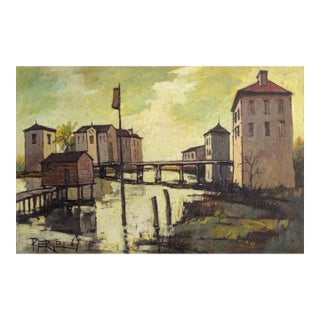 Village on the Water, 1969 Signed Oil Painting by Jacques Pergel For Sale