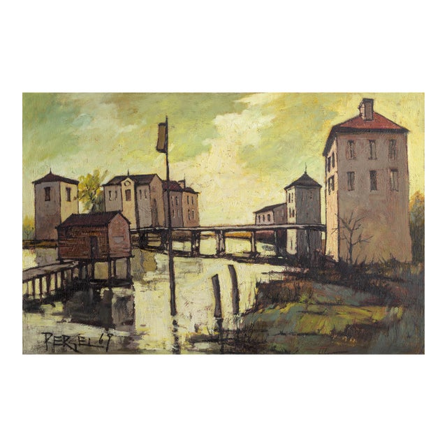 Village on the Water, 1969 Signed Oil Painting by Jacques Pergel For Sale