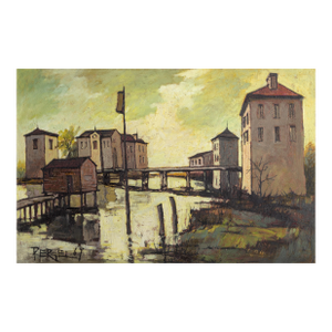 Village on the Water, 1969 Signed Oil Painting by Jacques Pergel