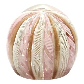 Mid Century Murano Zanfirico Latticino Art Glass Paperweight 3" For Sale