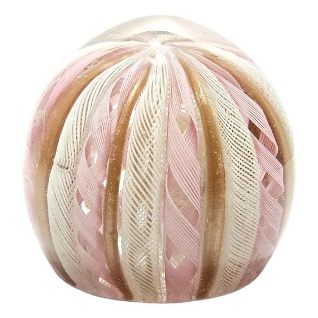 Mid Century Murano Zanfirico Latticino Art Glass Paperweight 3" For Sale