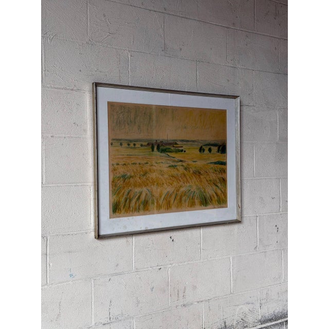 This beautiful drawing features a sweeping pastoral landscape with lush grassy fields and distant buildings. The...