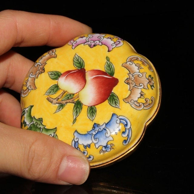 Cloisonné Enamel Trinket Box | Yellow Peach & Bat Motif | 2.5" Wide For Sale - Image 9 of 9