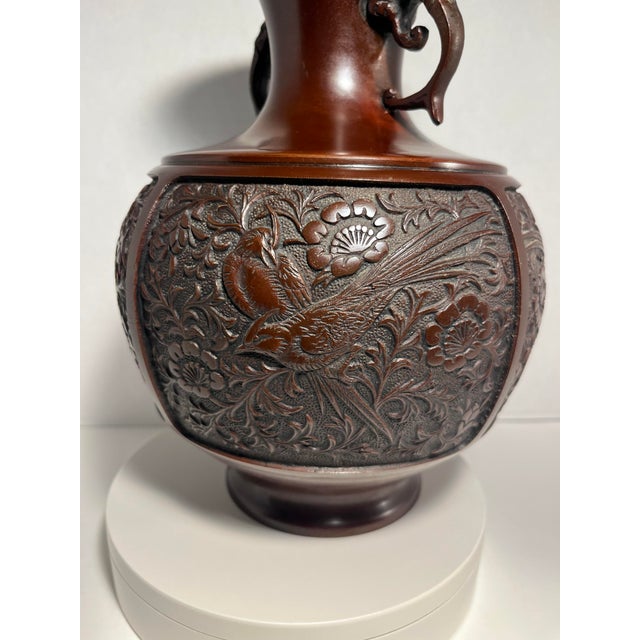 Japanese Antique Meiji Period Japanese Bronze Vase - Birds & Flowers High Relief 10.5"h For Sale - Image 3 of 8