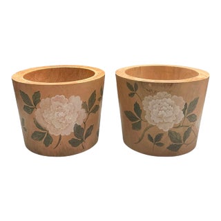 A Pair of Vintage Solid Teak Hand-Painted Floral Cache Pots For Sale