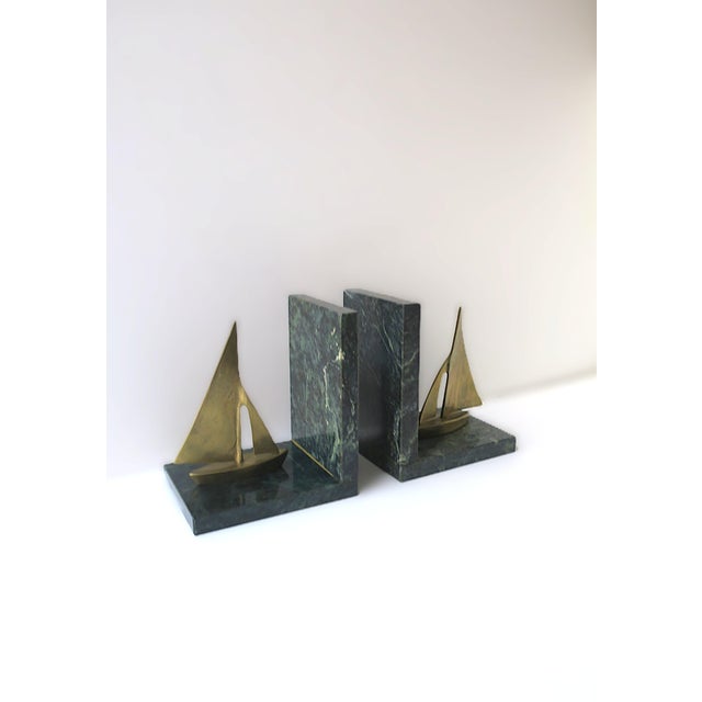 Mid 20th Century Dark Green Marble Brass Sailboat Nautical Bookends, Pair For Sale - Image 5 of 13