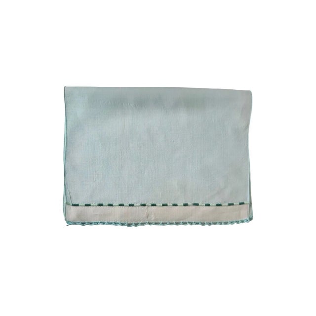 Green Vintage French Linen Guest Towel, Hand Crocheted Scalloped Edge Aqua Blue Linen, Drawn Thread Accent Band, Heirloom Linen Making 1930s 1940s For Sale - Image 8 of 9