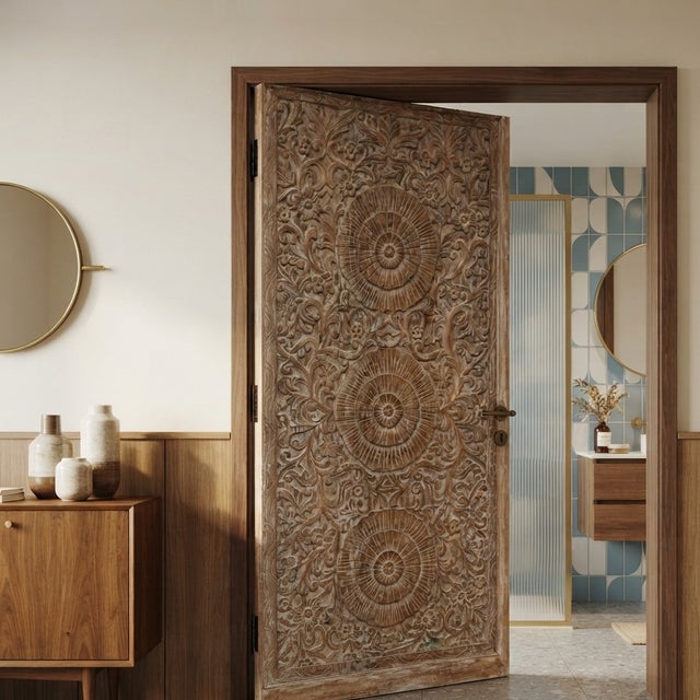 1920s Whitewashed Hand-Carved Mandala Door – Vintage Indian Lotus Motif Double-Sided Carved Entry Door 85x41.5 For Sale - Image 5 of 5