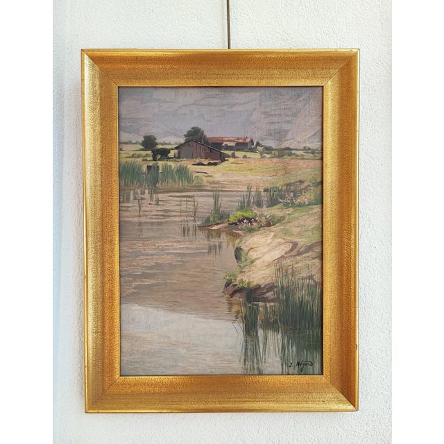 Joseph Mégard, Ferme et marais au pied du Salève, Oil on Canvas, Framed, in Flawless conditions. Designed 1890 to 1919...