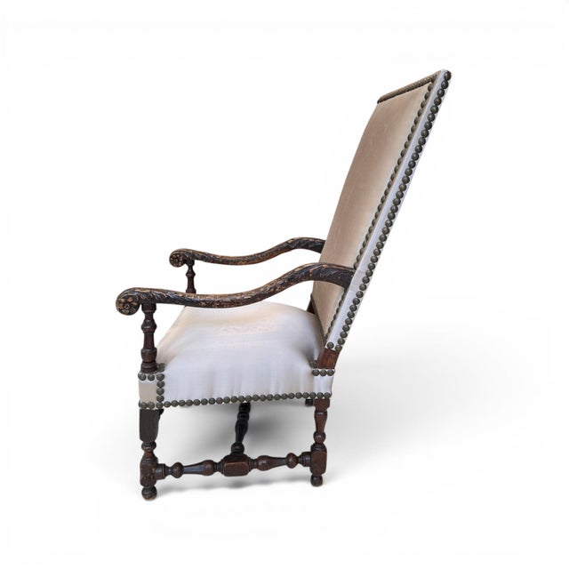 Late 19th Century 18th Century Louis XIII Style Arm Chair in Taupe Silk For Sale - Image 5 of 11